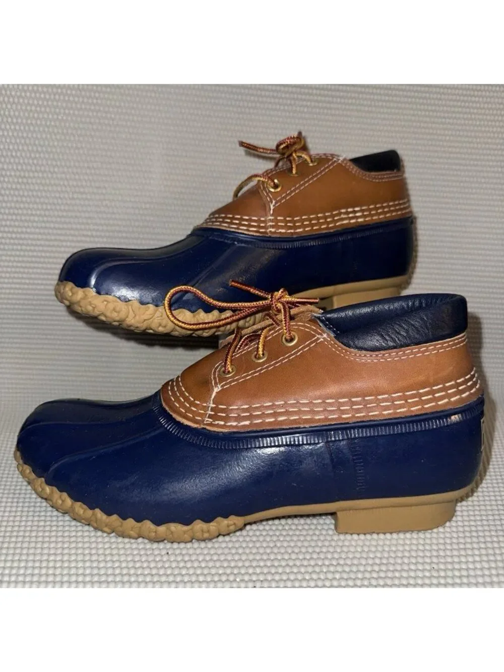 L.L. Bean Moc Boots Blue Brown Rubber Leather Duck Hunting Outdoor Shoes Size 7M